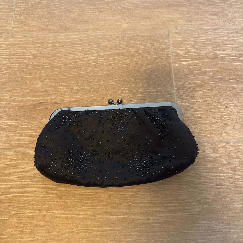 Vintage Express Black Beaded Satin Clutch Purse